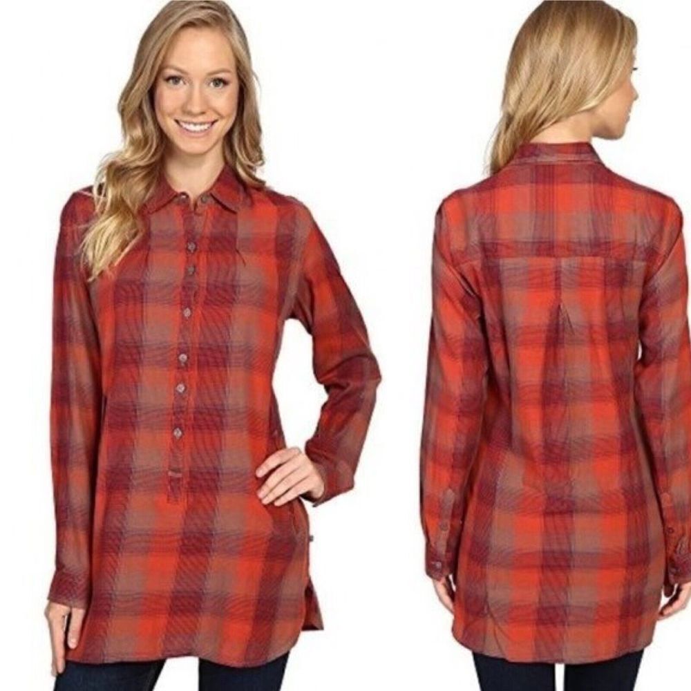 TOAD&CO Red Plaid Button Down Long Sleeve Organic Cotton Tunic Top Size Small